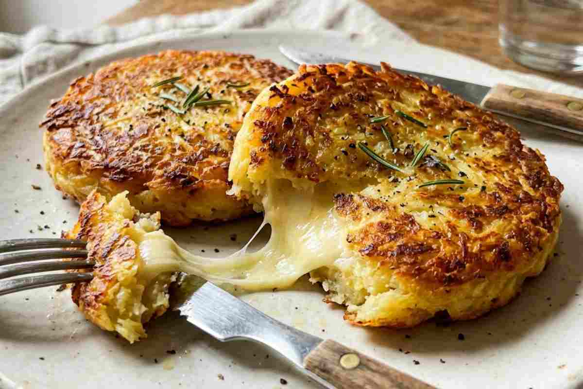 Tortini di patate grattugiate in padella con cuore di formaggio filante, serviti in un piatto con rosmarino.