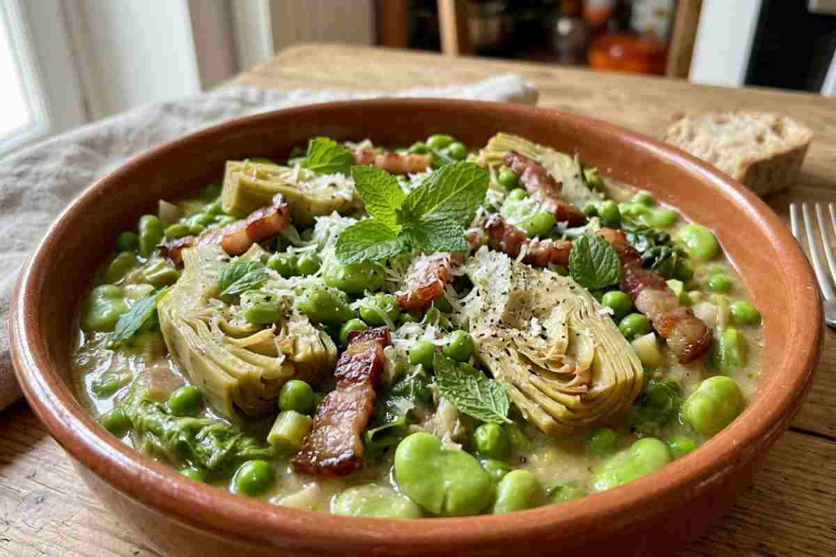 Piatto di Vignarola romana tradizionale con carciofi, fave, piselli e guanciale croccante in una ciotola di terracotta su tavola in legno.