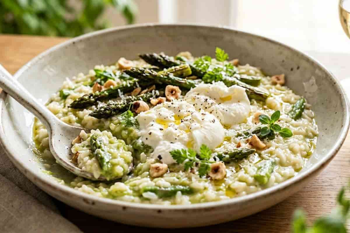 Risotto cremoso agli asparagi e burrata con nocciole tostate e punte croccanti.