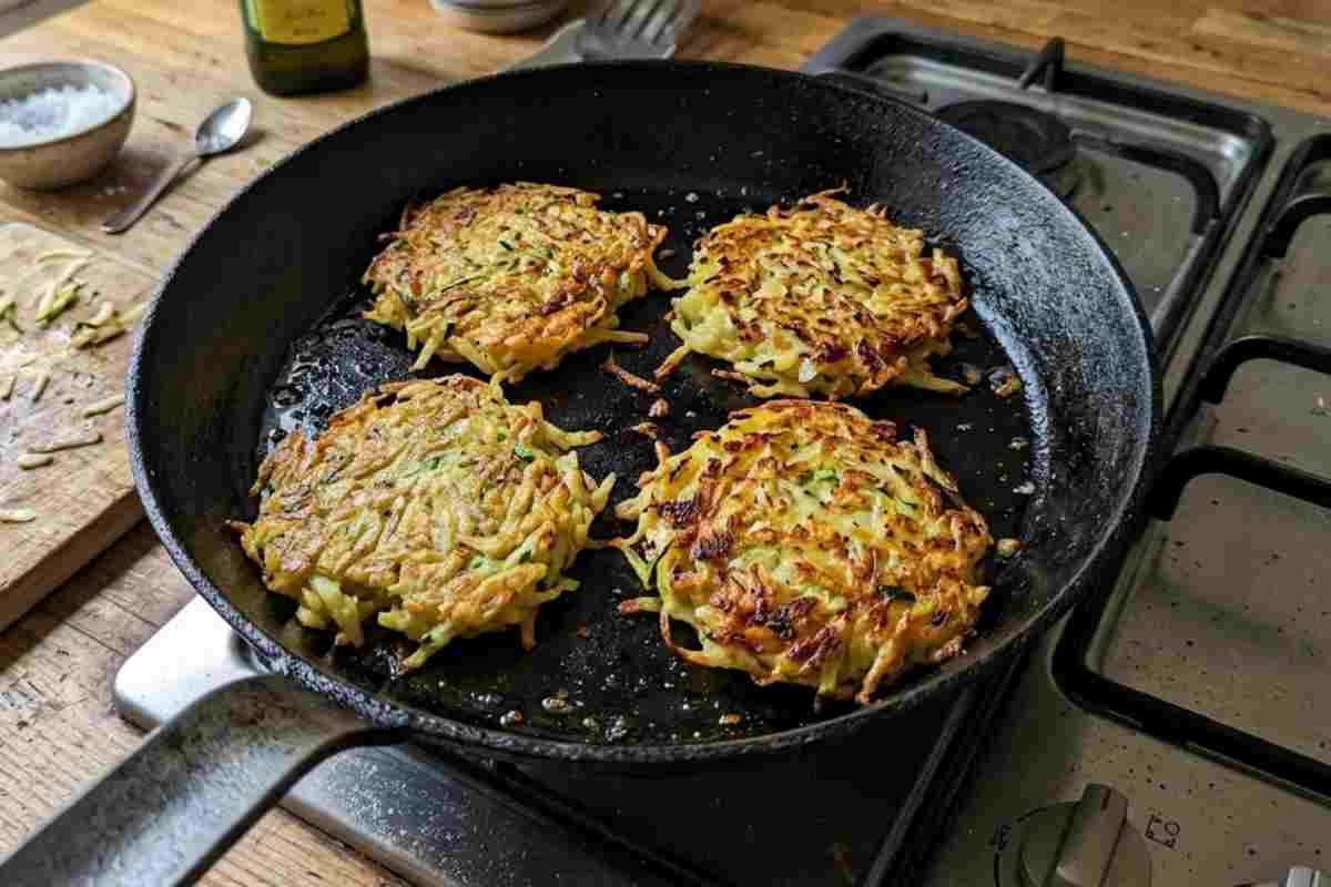 Quattro rosti di patate e zucchine dorati e croccanti sfrigolano in una padella di ghisa sul piano cottura a gas, con ingredienti freschi sul tagliere.