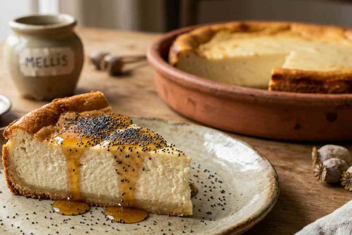 Fetta di Savillum, cheesecake romana antica, con miele e semi di papavero su piatto rustico.
