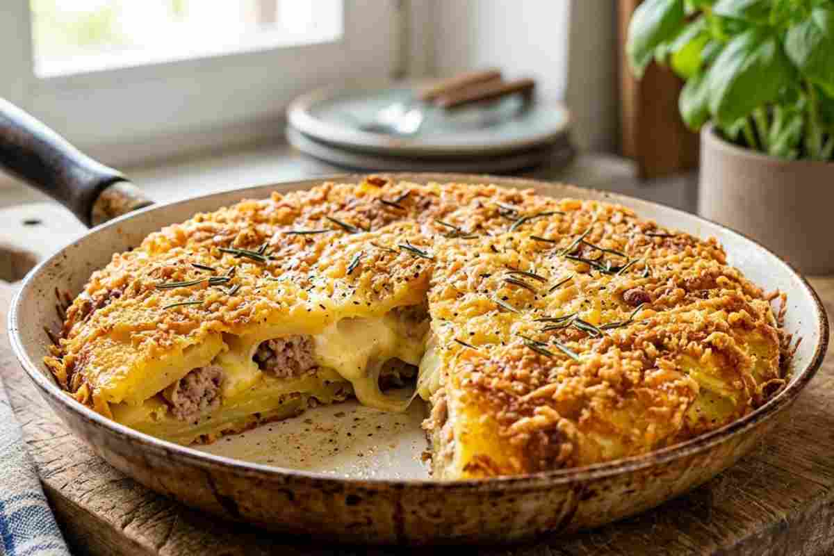 Schiacciata di patate e salsiccia croccante in padella con cuore filante di provola e la crosticina d'oro, su tavola apparecchiata