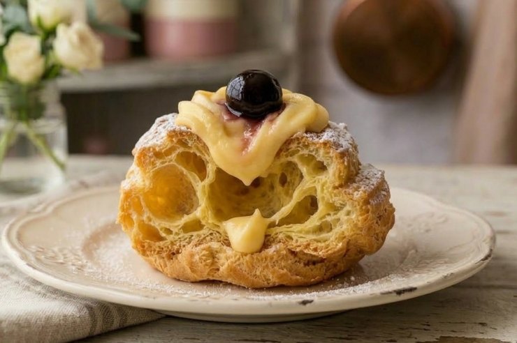 Sezione interna di una zeppola di San Giuseppe che mostra la pasta choux ben alveolata, vuota e farcita con crema.