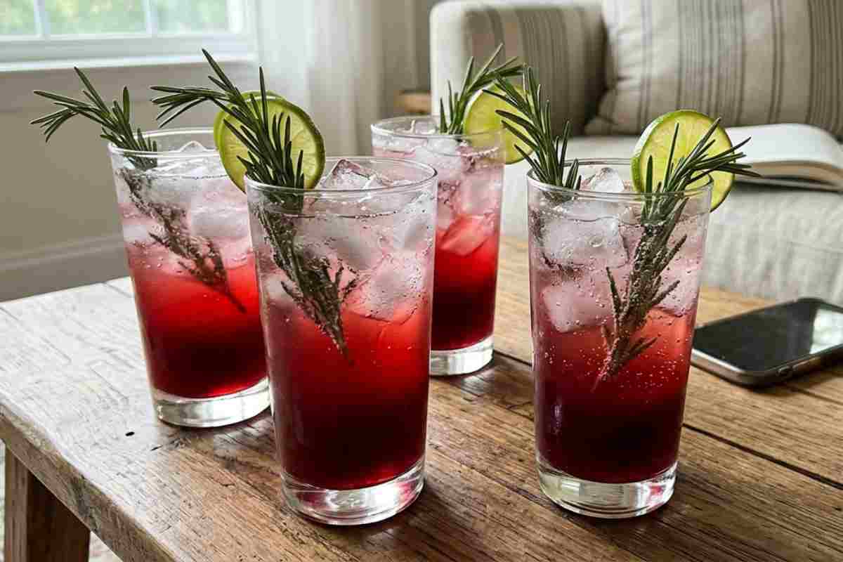 Quattro bicchieri di Sleepy Girl Mocktail con succo di amarena, magnesio e rosmarino su un tavolino in legno in salotto.