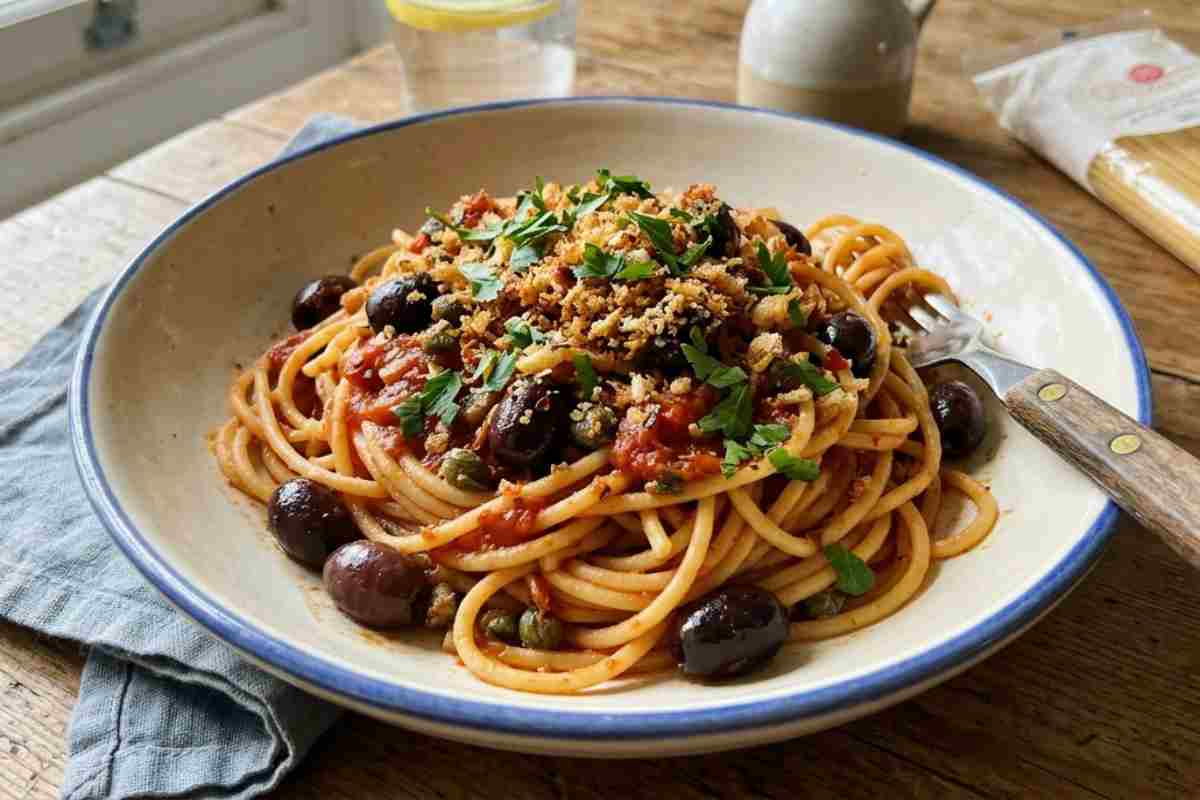 Spaghetti alla puttanesca di magro con olive, capperi e mollica tostata: ricetta primo piatto per il Mercoledì Santo.