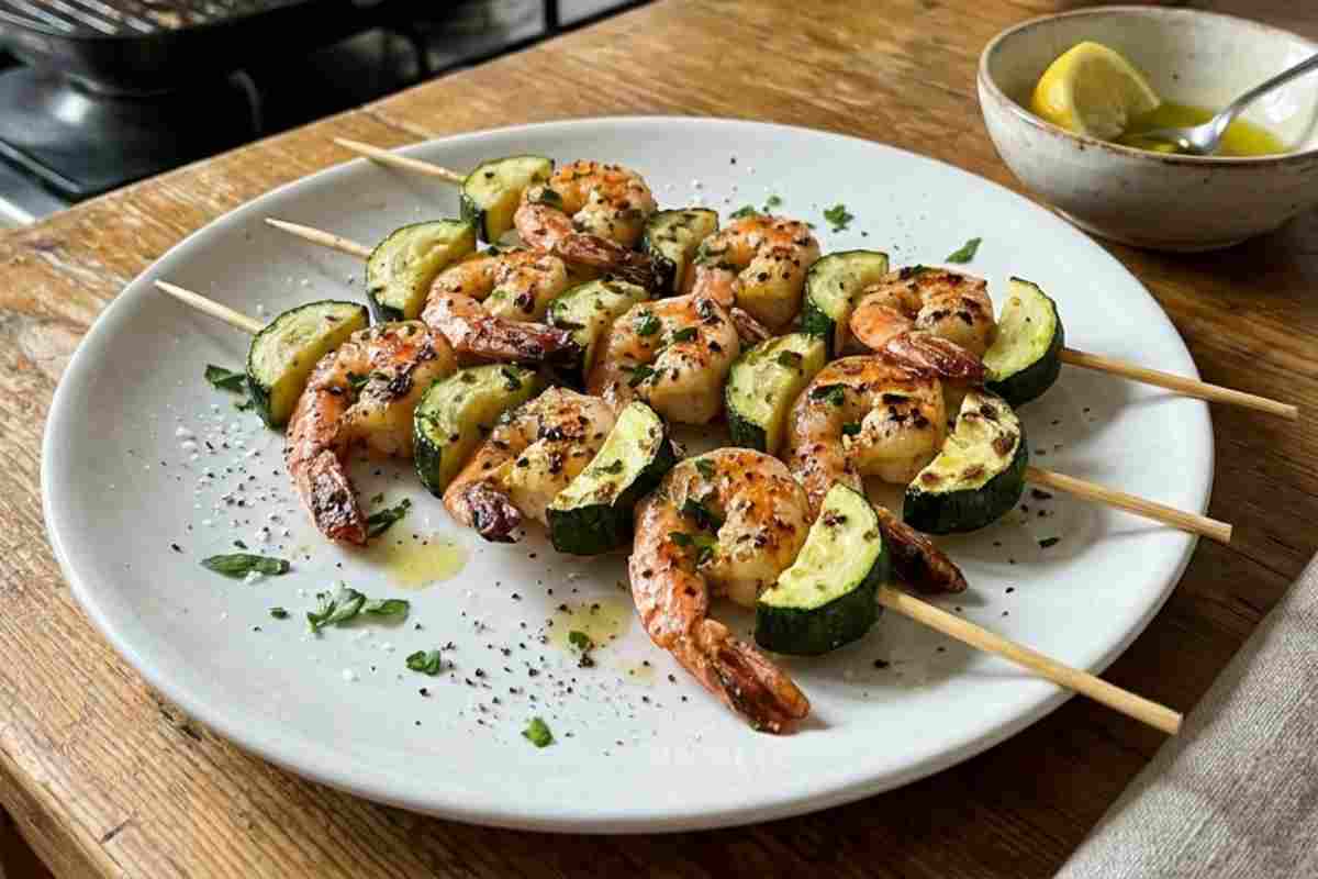 Piatto di spiedini di gamberi e zucchine alla piastra fatti in casa, serviti su un tavolo in legno con una cucina reale sullo sfondo e una fetta di limone.