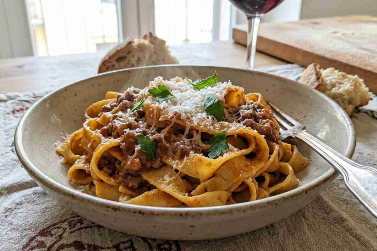 Un piatto fondo rustico di ceramica pieno di tagliatelle fresche all'uovo fatte a mano e forchetta appoggiata sul bordo.