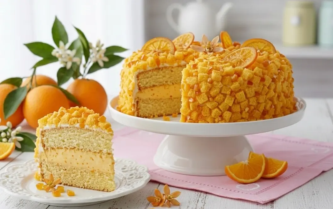 Torta Mimosa all'arancia intera su alzatina bianca decorata con fette d'arancia fresche e fiori d'arancio su tavola in legno bianco.