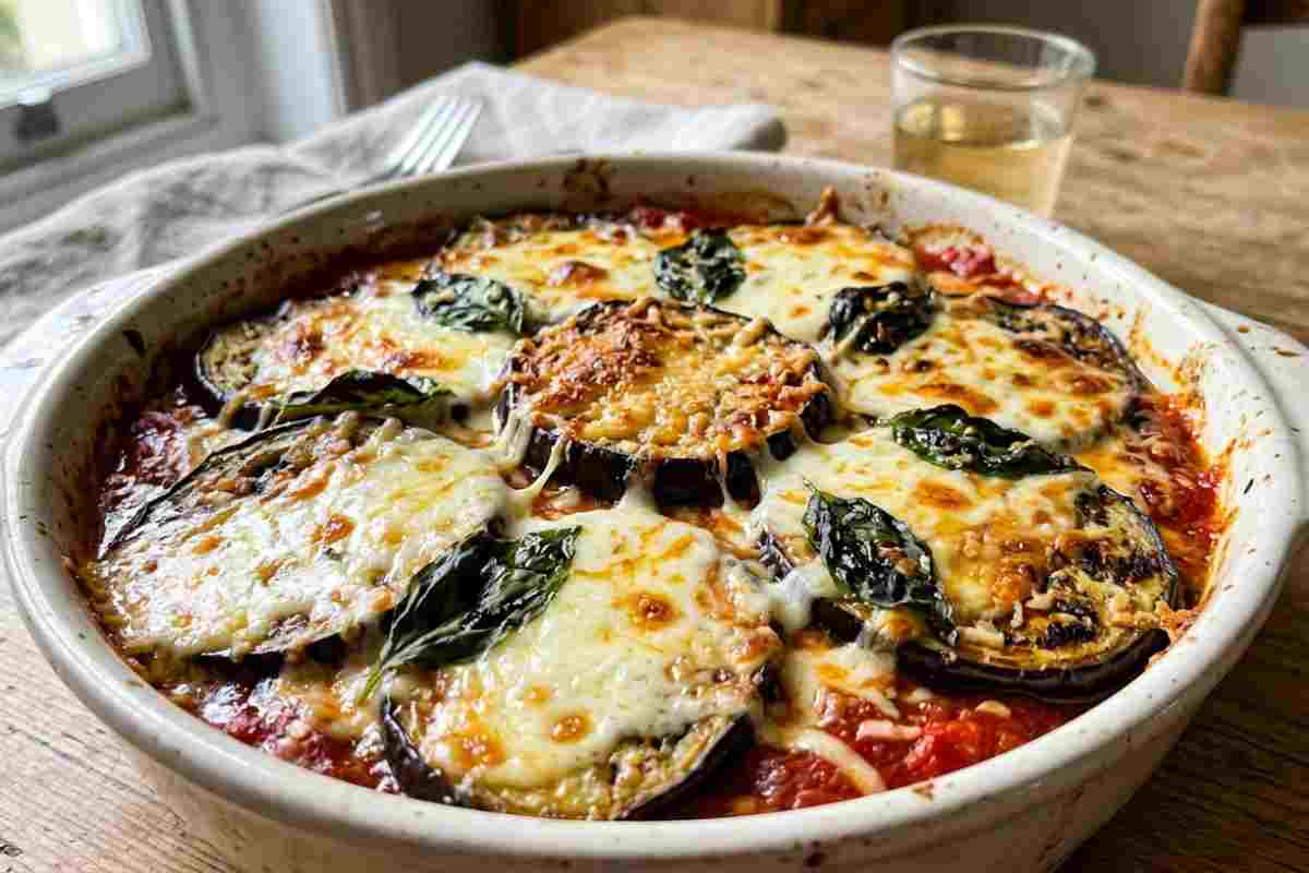 Tortino di melanzane e mozzarella filante al forno con pomodoro e basilico fresco in pirofila