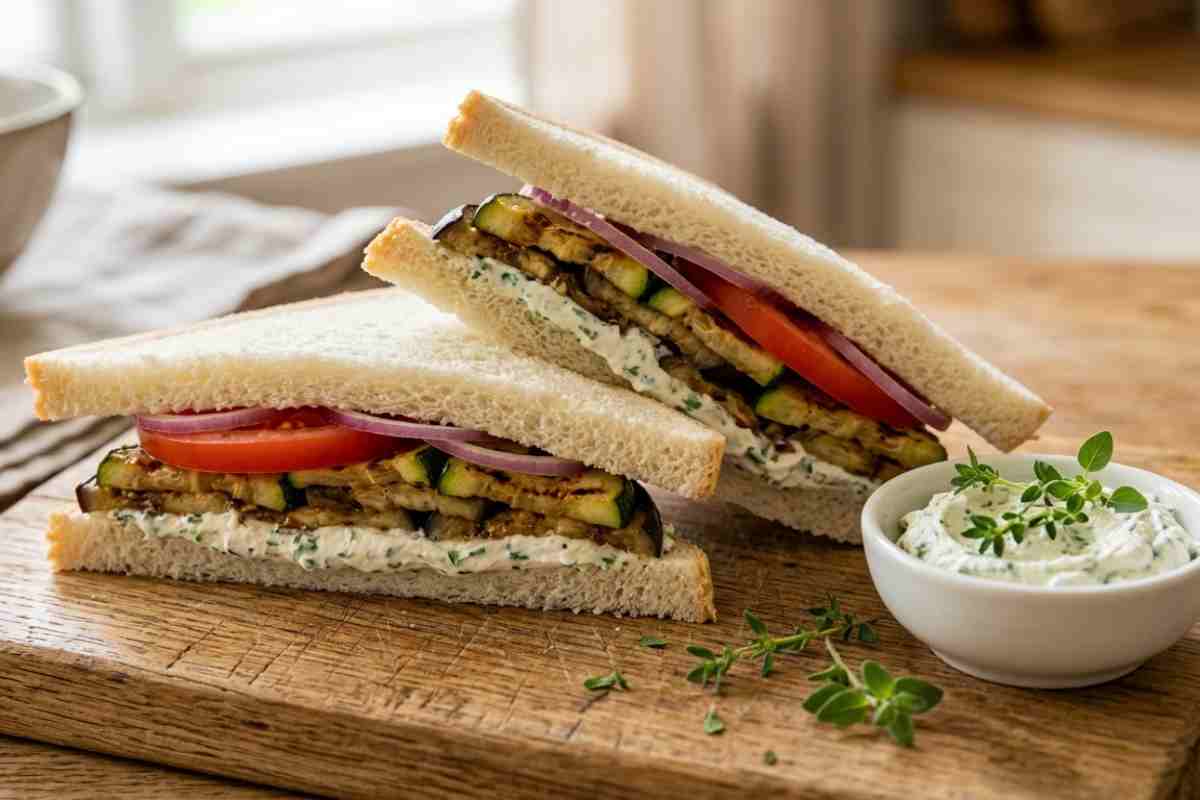 Tramezzini vegetariani fatti in casa con pane bianco senza crosta, farciti con abbondante crema di caprino alle erbe, zucchine e melanzane grigliate, pomodoro e cipolla rossa, serviti su un tagliere in legno con una ciotolina di crema a lato.