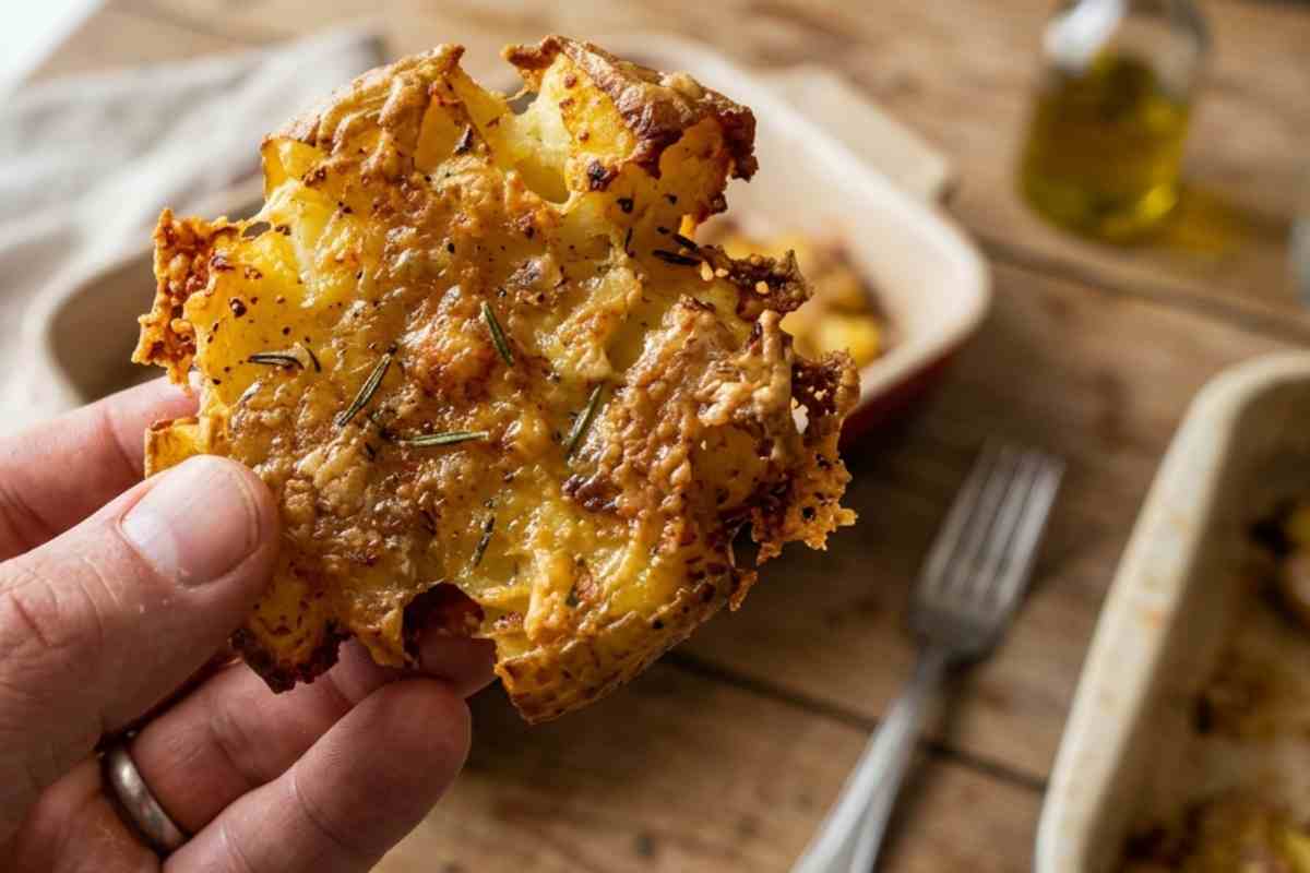 Primo piano ravvicinato di una patata schiacciata al forno extra croccante con crosticina di parmigiano e rosmarino, tenuta in mano su una tavola luminosa.