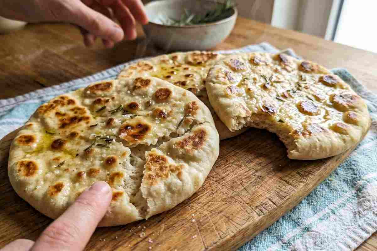 Pane in padella fatto in casa senza forno e senza lievito, pagnotte dorate e soffici su tagliere di legno in cucina luminosa.