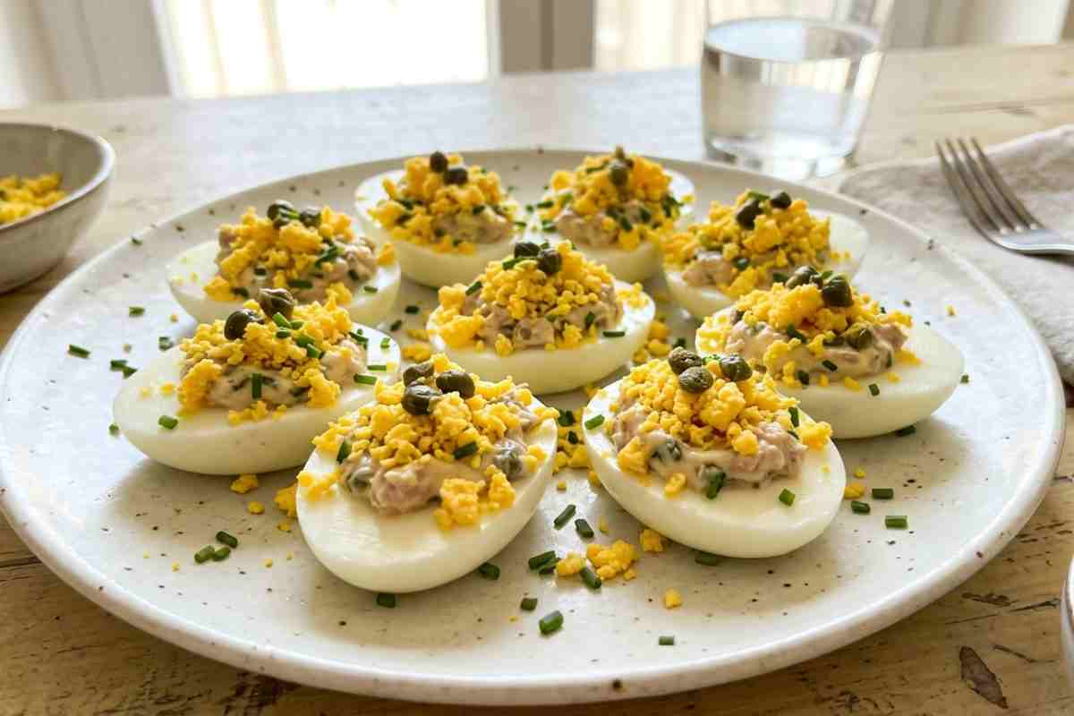 Piatto ricco di uova mimosa con tonno, capperi e erba cipollina fresca su un tavolo di legno illuminato dalla luce naturale, antipasto veloce e sfizioso pronto da servire.