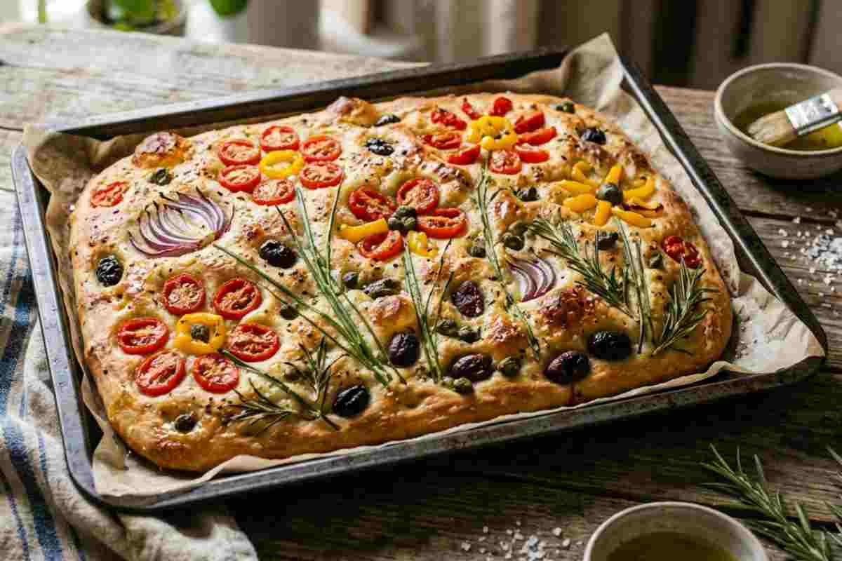 Focaccia Garden integrale con decorazioni di verdure a fiori in teglia rustica.