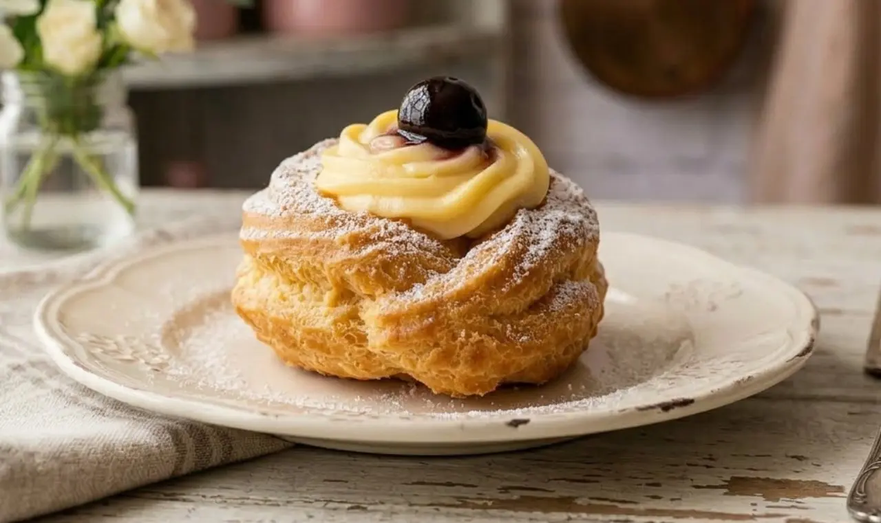 Zeppola di San Giuseppe fritta con crema pasticcera e amarena su piatto shabby chic bianco.