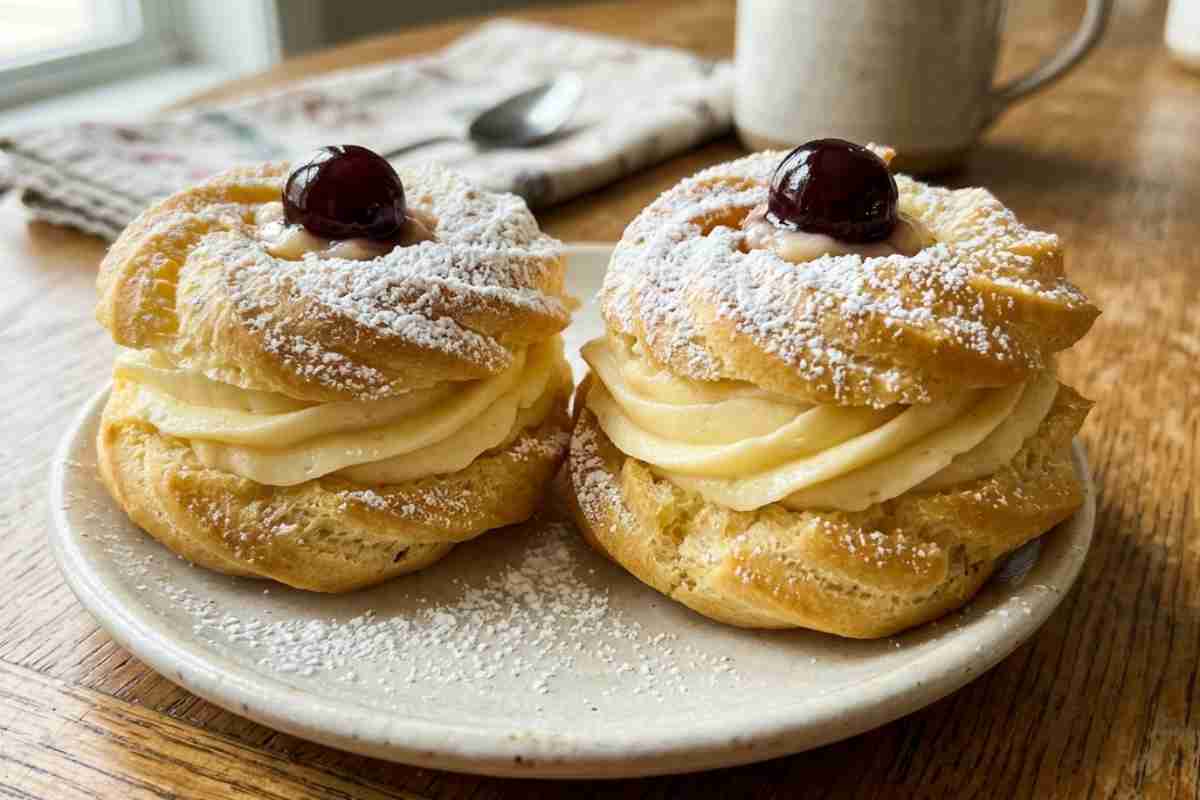 Due zeppole di San Giuseppe fatte in friggitrice ad aria con crema pasticcera e amarena, ricetta light 2026.