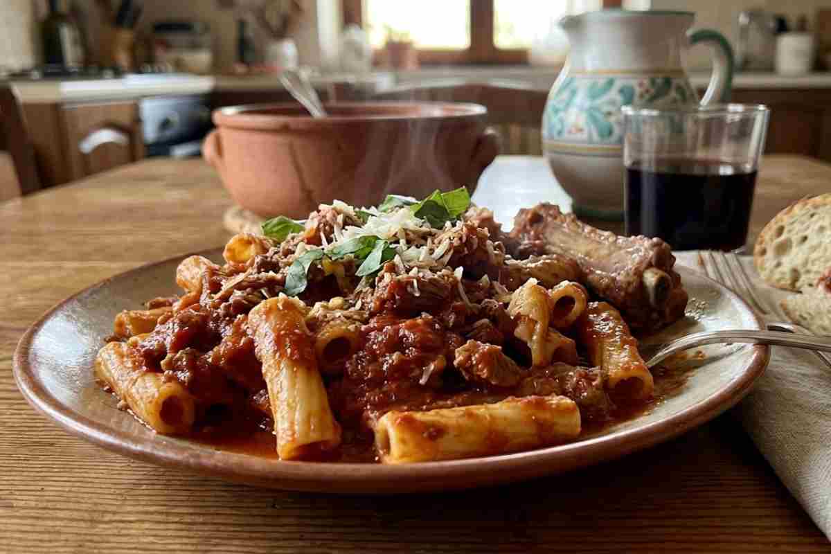 Ziti lunghi spezzati al Ragù della Domenica in un piatto su tavola apparecchiata