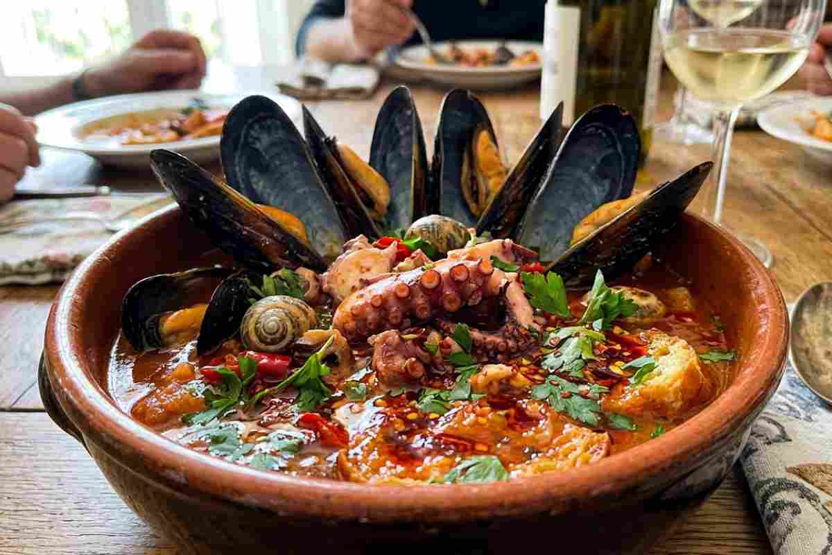 Zuppa di cozze napoletana del Giovedì Santo con polpo, freselle e olio piccante servita in tavola.