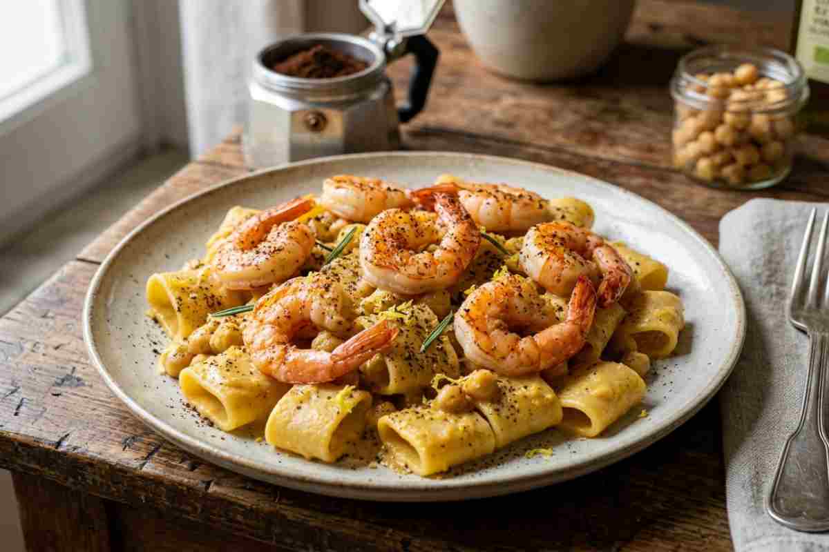 Calamarata cremoso con ceci, gamberi imperiali scottati e polvere di caffè, servito su piatto rustico in ceramica.