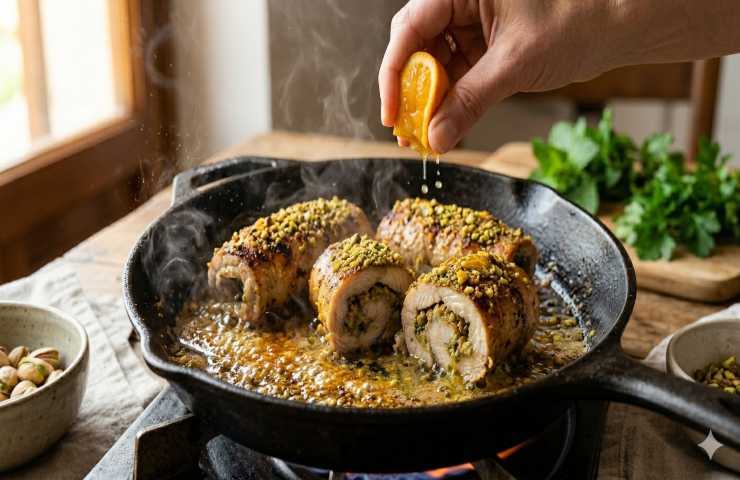 Cottura in padella di involtini di pesce spada con granella di pistacchio e sfumatura al succo d'arancia.
