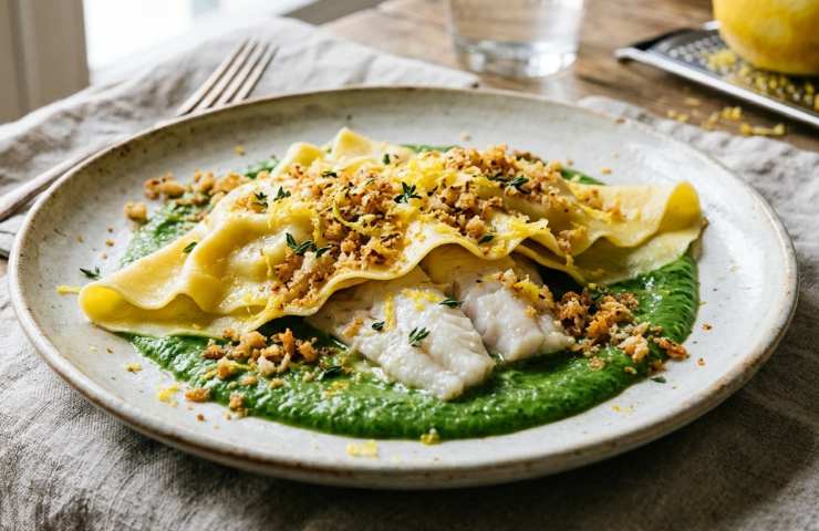 Ravioli aperti sogliola crema cicoria piatto originale Giovedì Santo.