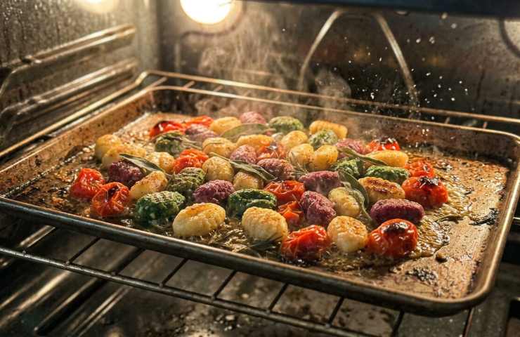 Gnocchi marmorizzati che sfrigolano in forno su teglia con pomodorini.
