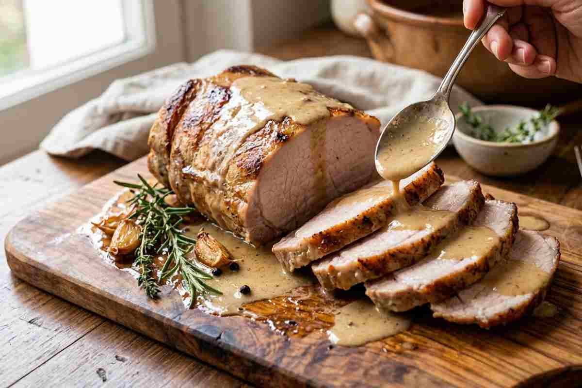 Arista di maiale al latte morbida: fette nappe con salsa cremosa e rosmarino.