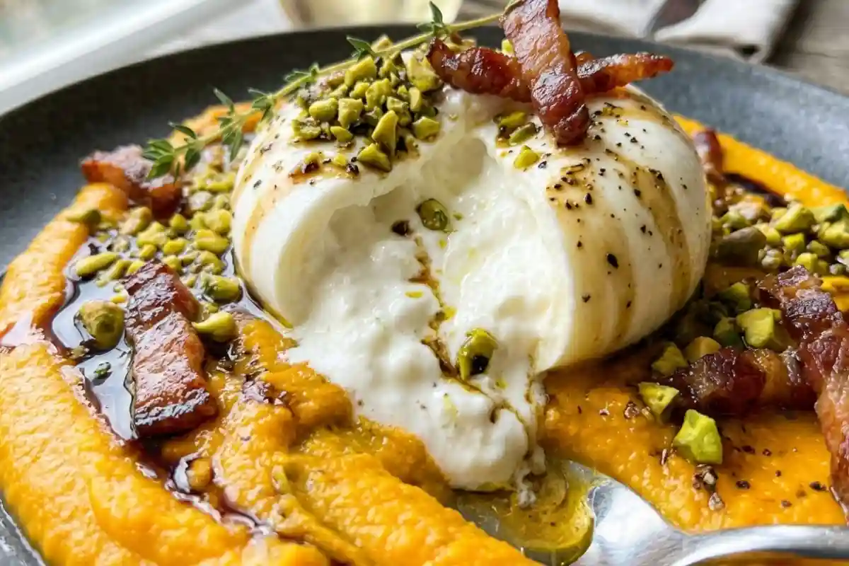 Burrata fresca aperta su crema di zucca delica con guanciale croccante e granella di pistacchi, piatto gourmet fotografato dall'alto.