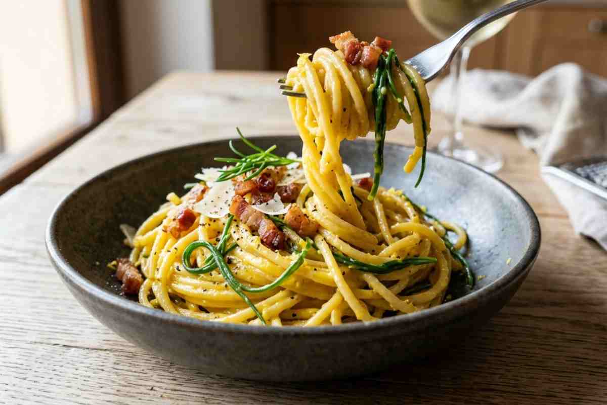 Spaghetti alla Carbonara con agretti cremosi e guanciale croccante in un piatto su tavola apparecchiata.