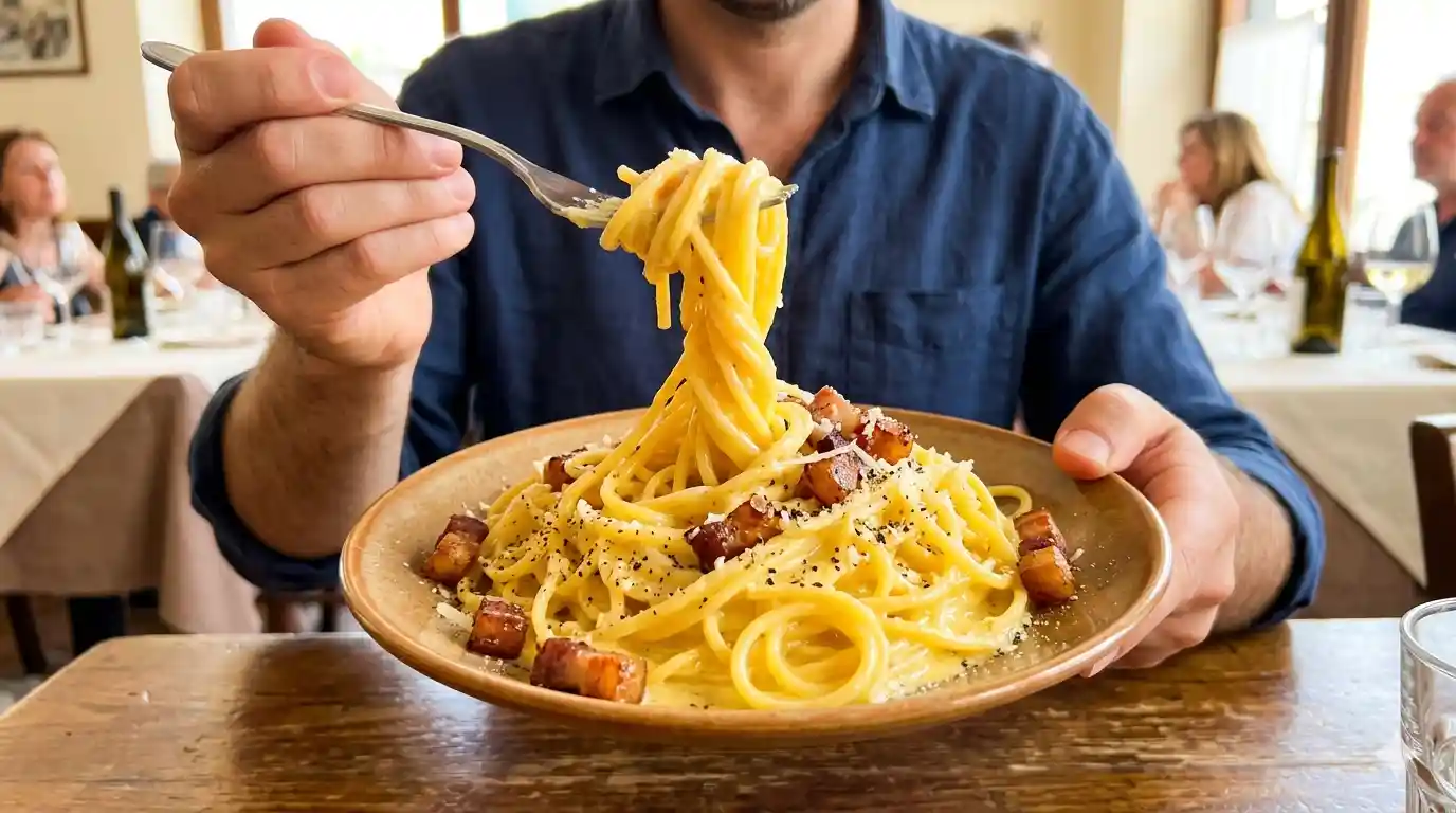 Spaghetti alla carbonara cremosi con guanciale croccante, pepe nero e pecorino romano impiattati in un ristorante italiano.