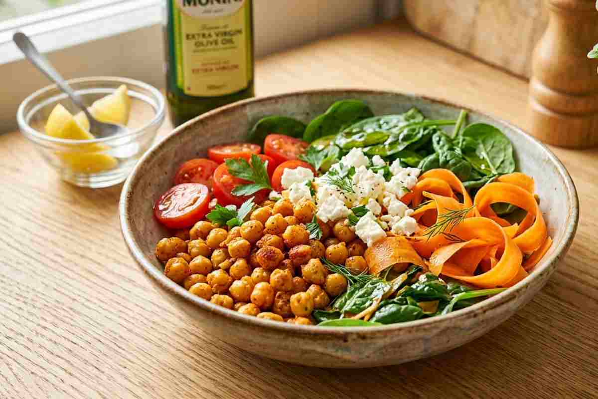 Bowl di ceci croccanti, carote a nastro e feta: ricetta sana e leggera per una cena veloce pronta in 10 minuti.