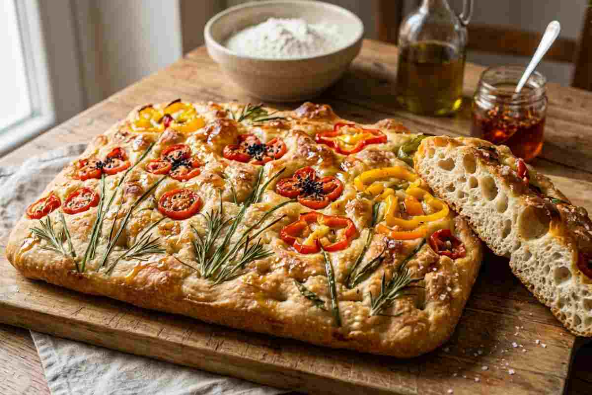 Focaccia Garden ad alta idratazione con decorazioni floreali di verdure e glassa al miele piccante Hot Honey.