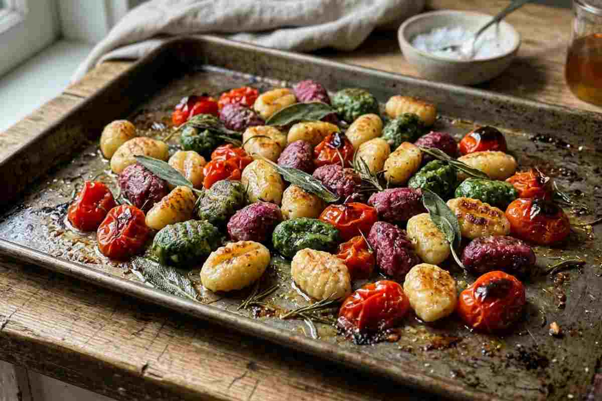 Gnocchi croccanti al forno con pomodorini e salvia su teglia vissuta.