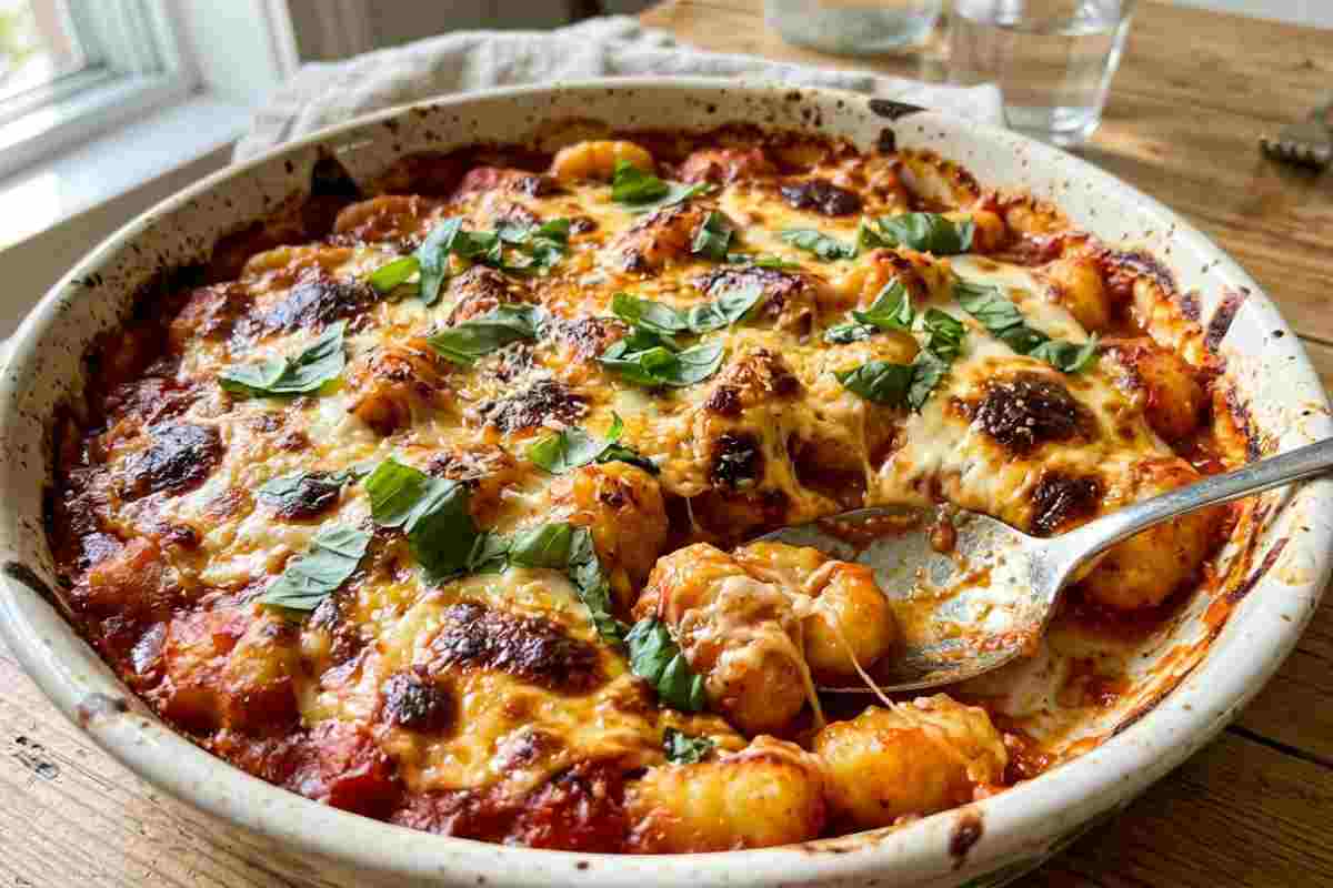 Gnocchi alla sorrentina filanti con crosticina dorata e basilico fresco in teglia di ceramica.