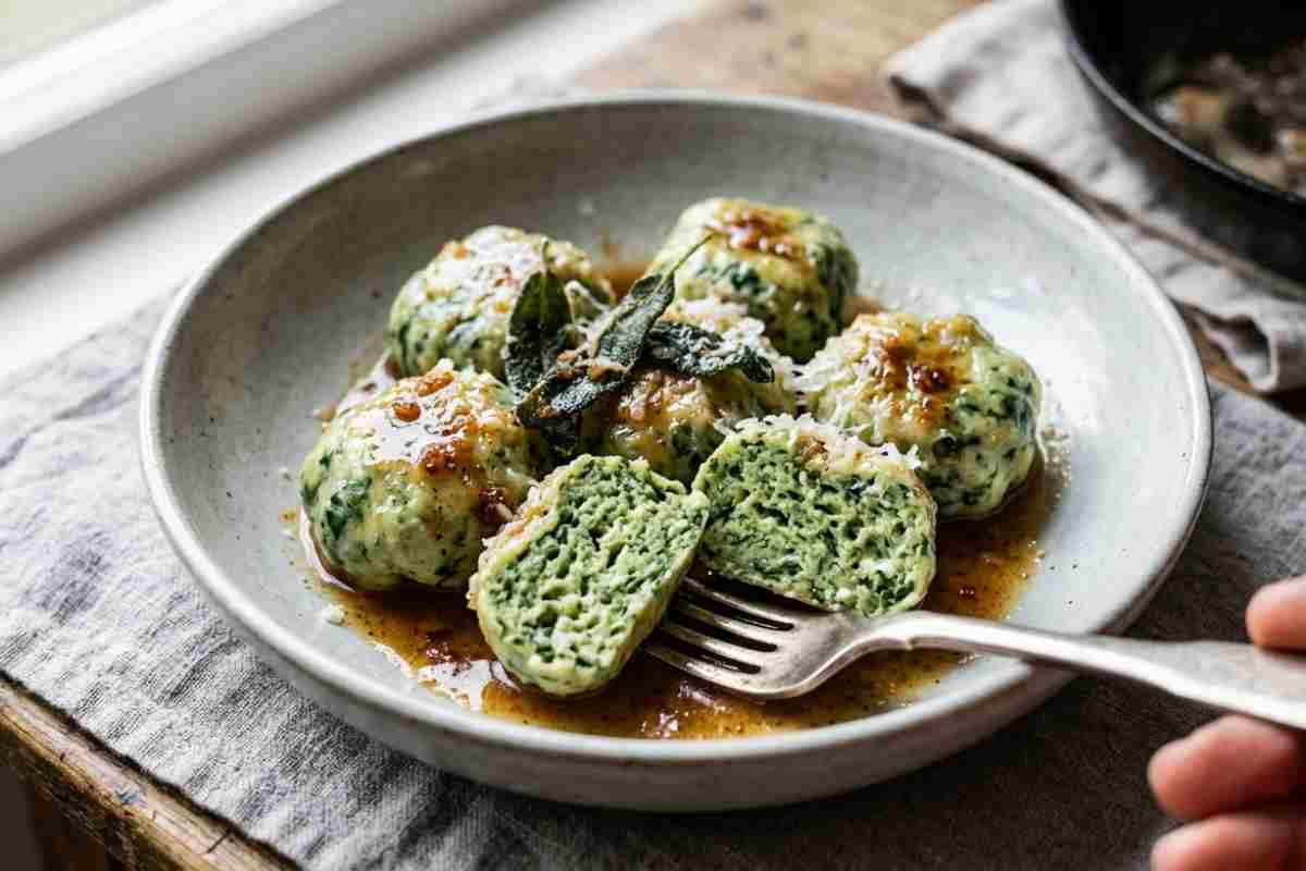Gnudi toscani di ricotta e spinaci al burro nocciola e salvia, sezione interna che mostra la consistenza soffice, serviti in un piatto rustico con condimento ambrato.