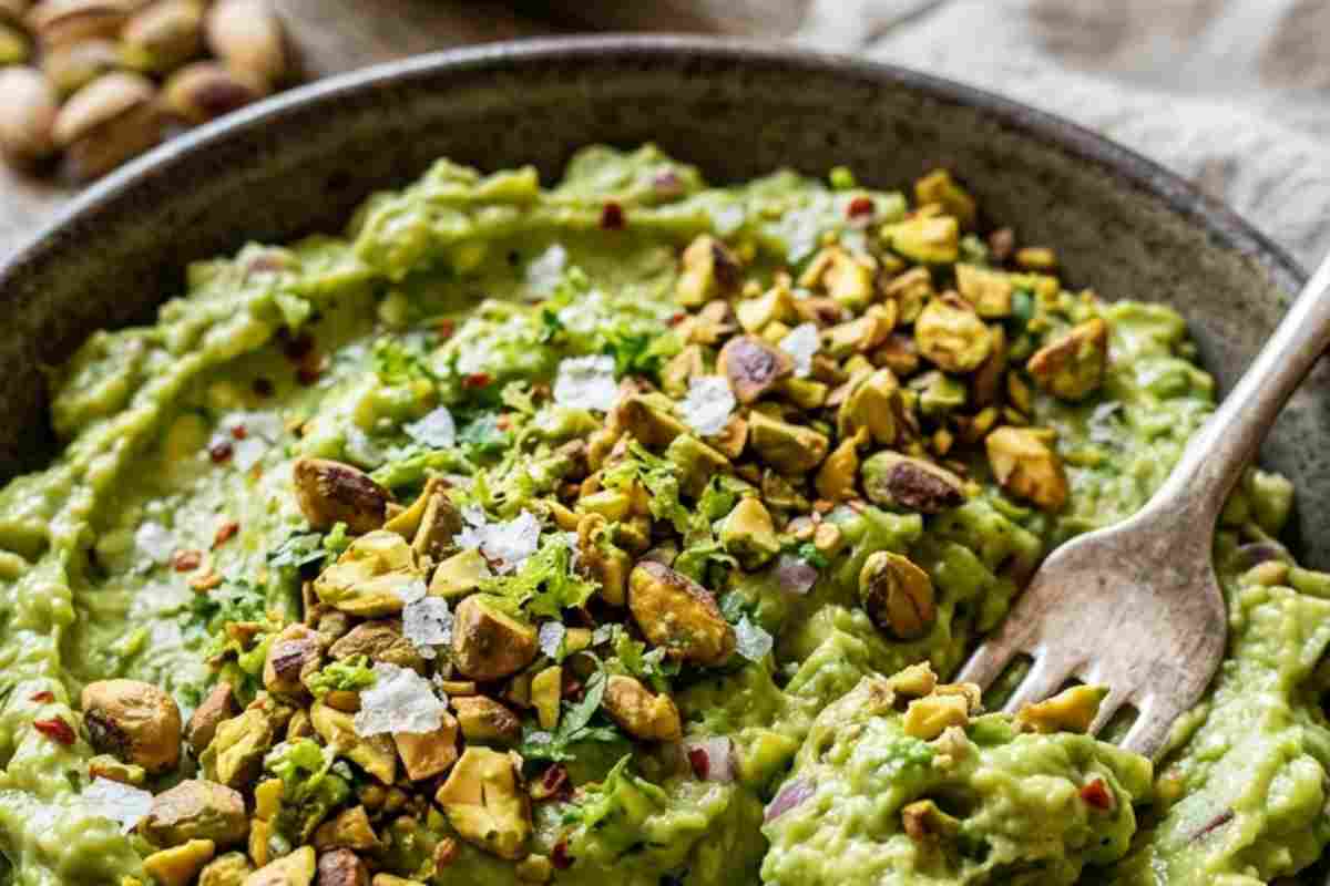 Primo piano verticale di Guacamole al Pistacchio chunky con granella tostato e sale Maldon, servito in ciotola di ceramica con forchetta.