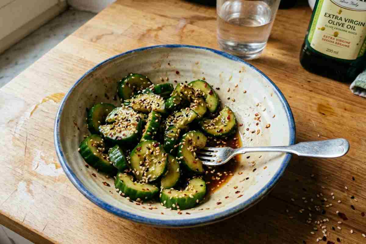 Piatto di cetrioli smashed servito con forchetta all'interno su tavolo con bicchiere d'acqua.