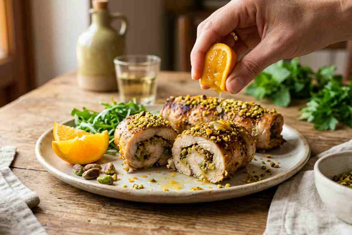 Involtini di pesce spada al pistacchio di Bronte e arancia, ricetta siciliana veloce in padella.