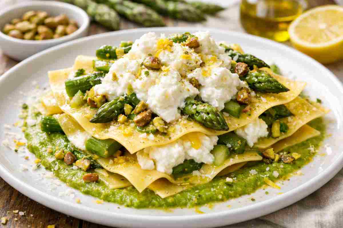 Lasagne aperte con asparagi e burrata, piatto primaverile cremoso con pistacchi croccanti e sfoglia fresca, presentazione gourmet luminosa e realistica.