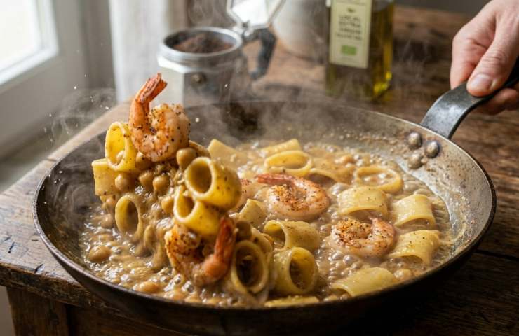 Mantecatura della calamarata in padella con gamberi, crema di ceci e vapore, per un primo piatto di pesce cremoso.