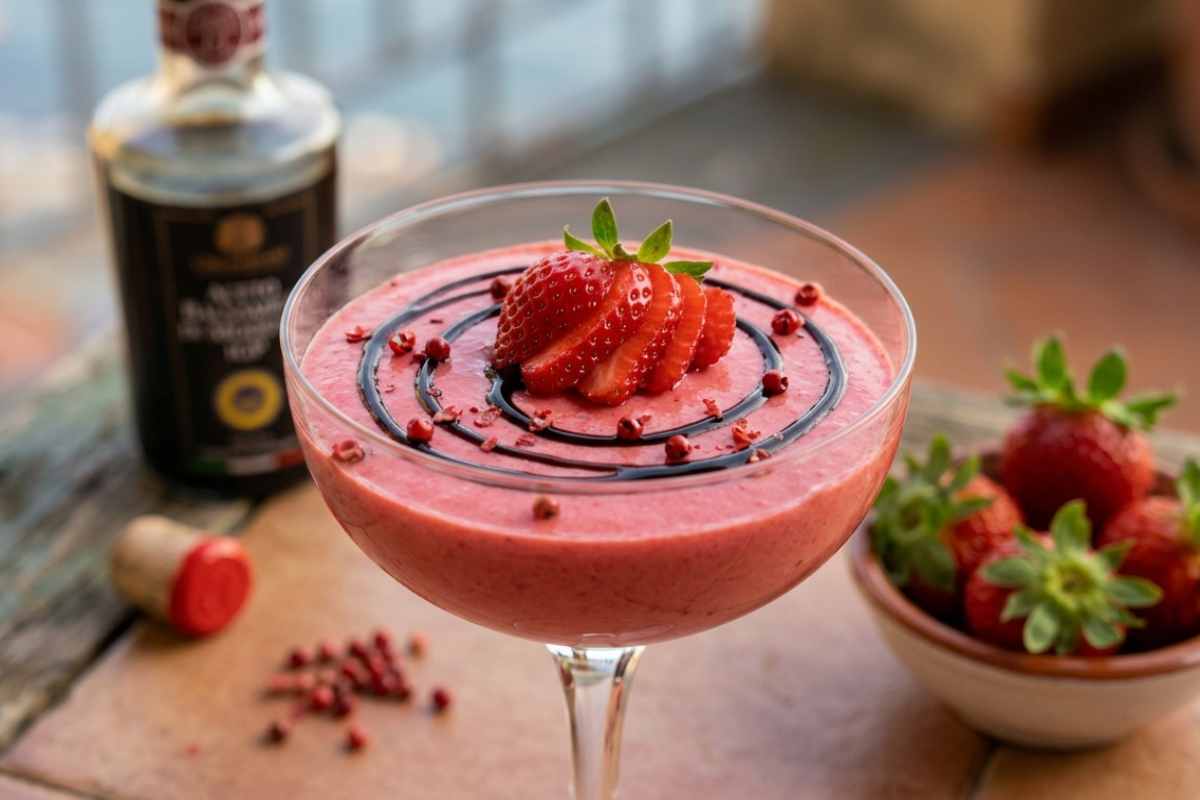 Mousse di fragole gourmet con glassa all'Aceto Balsamico di Modena IGP e pepe rosa: dessert veloce e raffinato senza cottura.