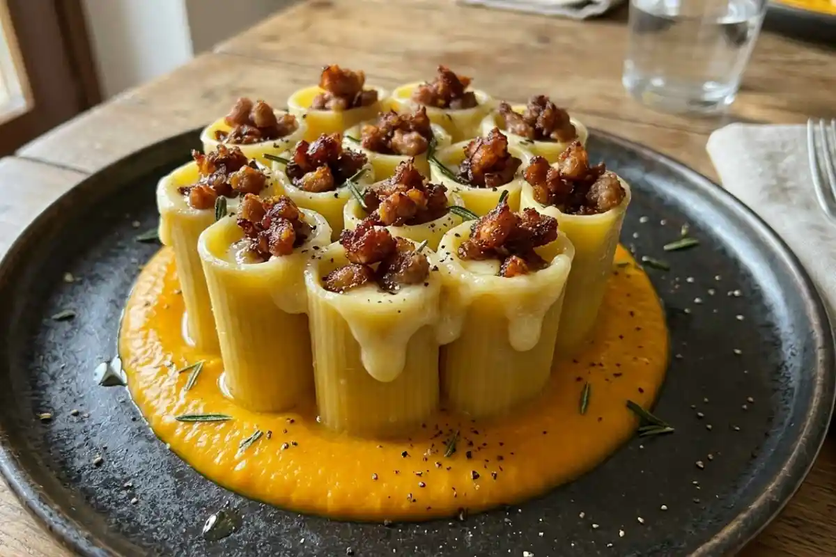 pacchero in piedi con zucca e salsiccia croccante ricetta gourmet.