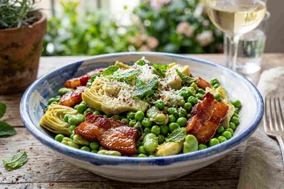 Padellata di carciofi mammole, fave e piselli novelli con guanciale croccante laccato in agrodolce, servita in ciotola di ceramica su tavolo in legno all'aperto.
