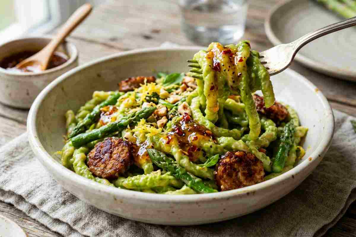 Primo piano di pasta con crema di asparagi, salsiccia rosolata e granella di nocciole, condita con un filo di miele piccante 