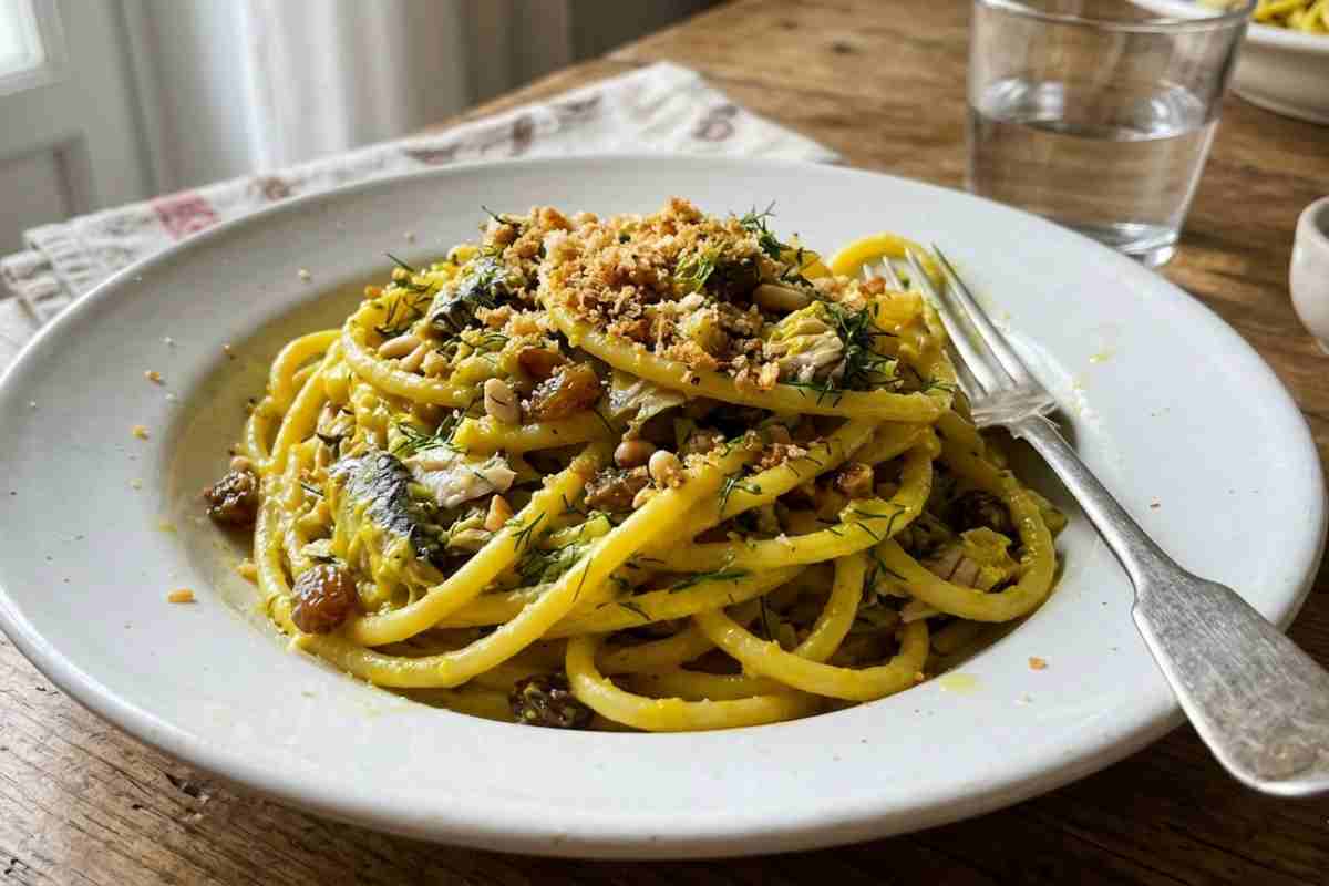 Primo piano di pasta con le sarde cremosa allo zafferano, finocchietto selvatico e briciole di pane tostato in piatto di ceramica bianco, luce naturale.