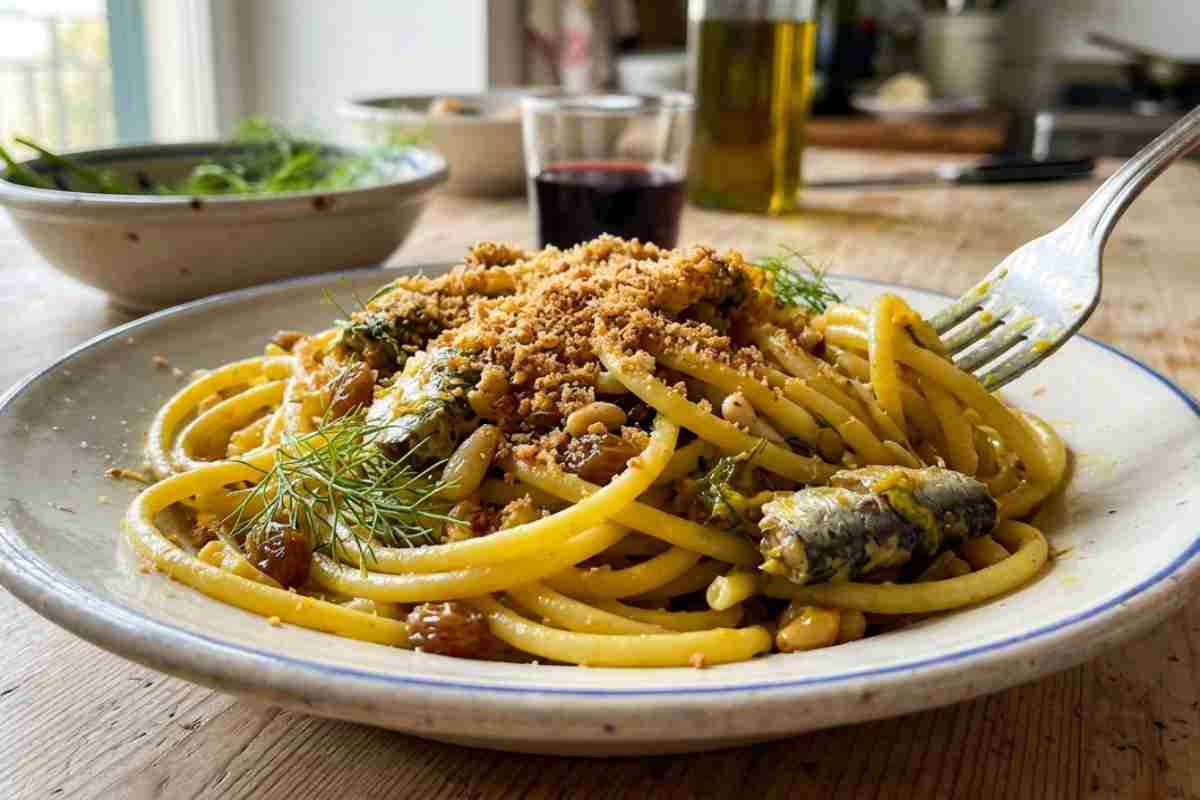 Piatto rustico di bucatini con le sarde alla siciliana, finocchietto selvatico, zafferano e muddica atturrata tostata, ricetta tradizionale.