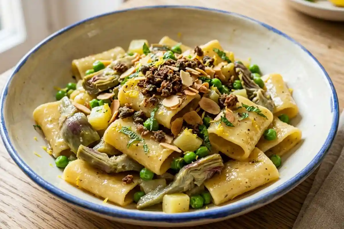 Pasta cremosa con carciofi, piselli e patate al burro nocciola, ricetta gourmet con finitura croccante di mandorle e capperi.