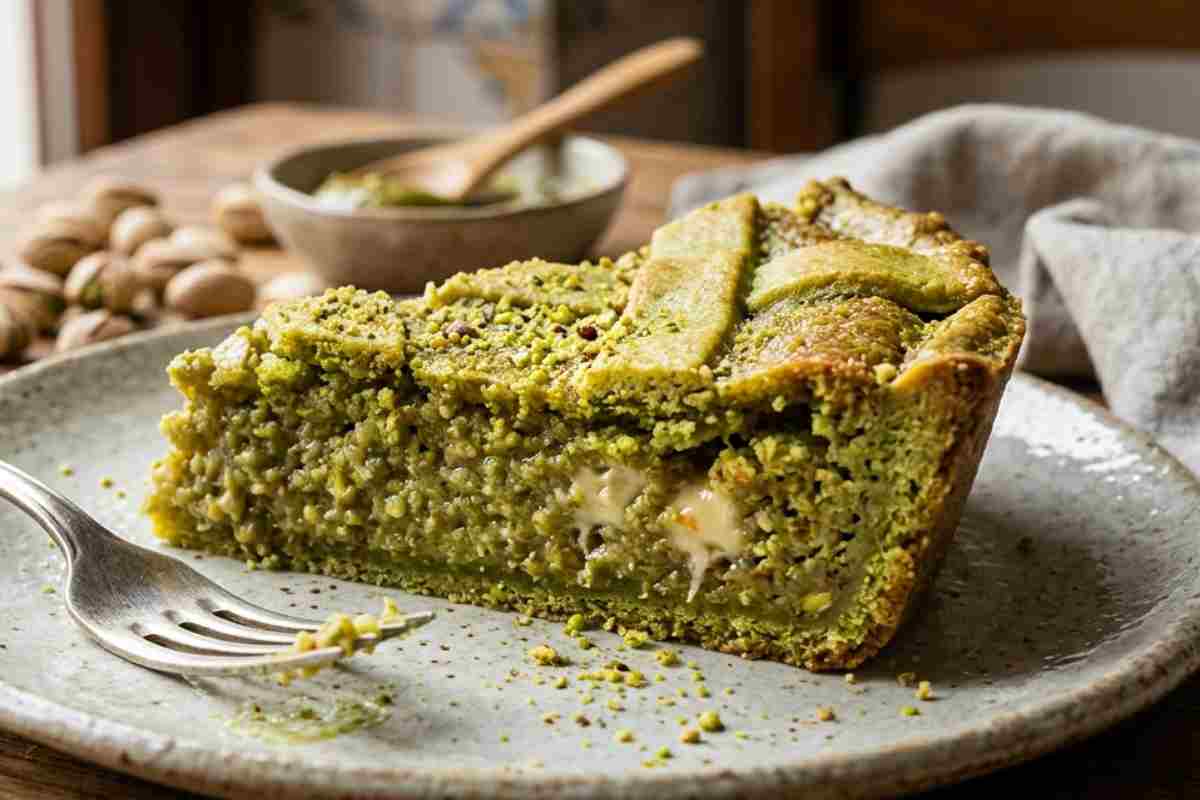 Fetta di pastiera al pistacchio e cioccolato bianco su piatto in ceramica, interno cremoso con grano cotto e granella di pistacchi.