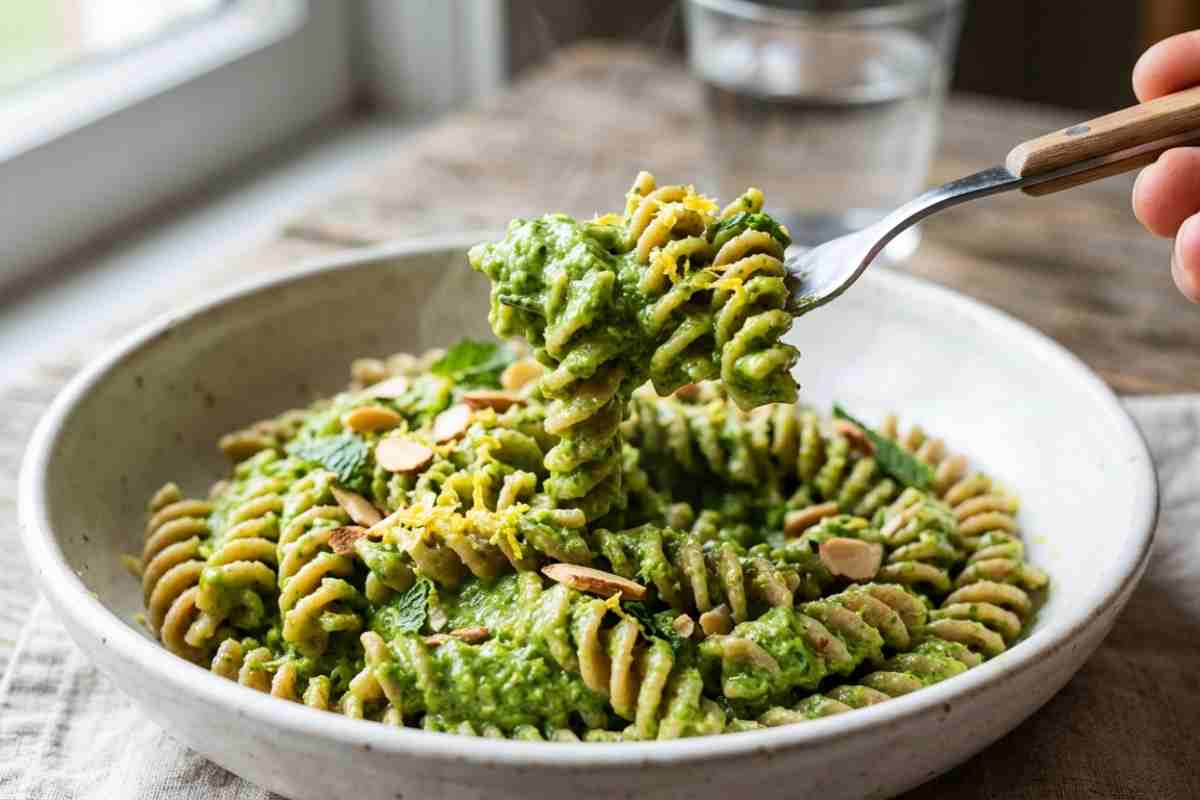 Pesto di asparagi e mandorle: la mia tecnica per una crema verde neon vellutata e brillante. Un primo piatto primaverile che valorizza i gambi con segreti professionali sulla gestione della clorofilla e della temperatura.