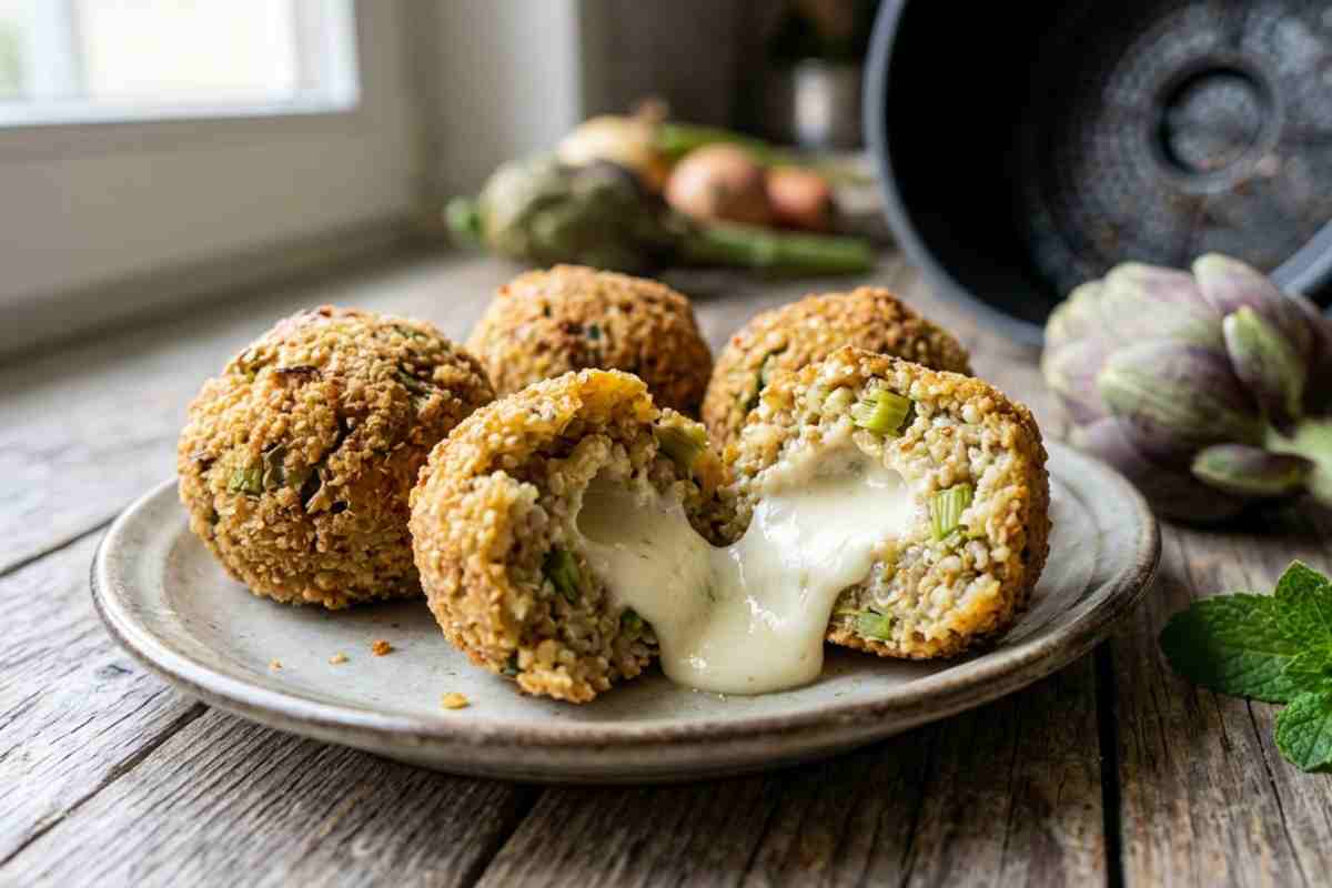Polpette di quinoa e carciofi in friggitrice ad aria, aperte con cuore di formaggio caprino filante, su piatto di ceramica e tavola di legno, con Air Fryer e carciofo fresco sullo sfondo.